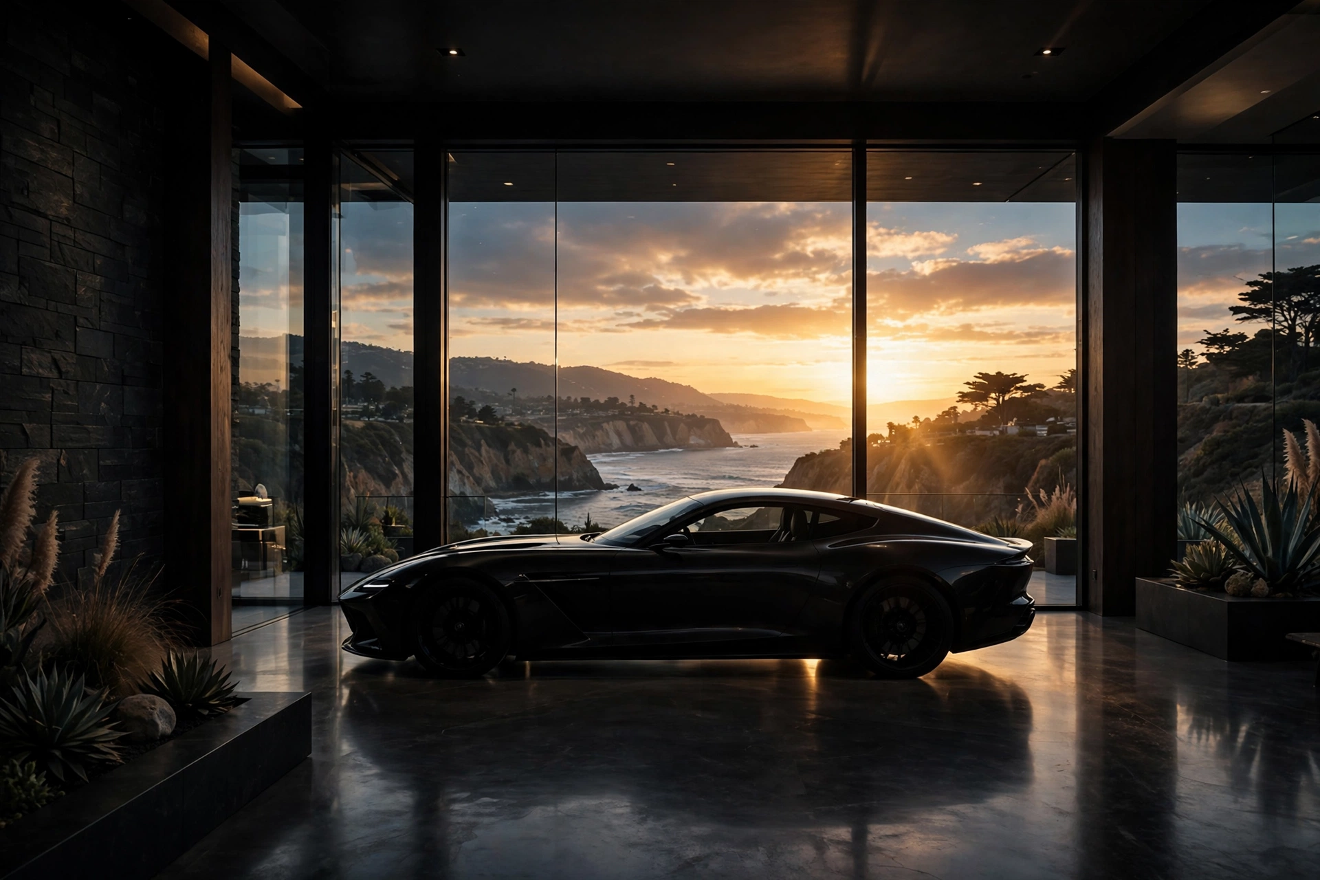 Exotic car showroom at dusk