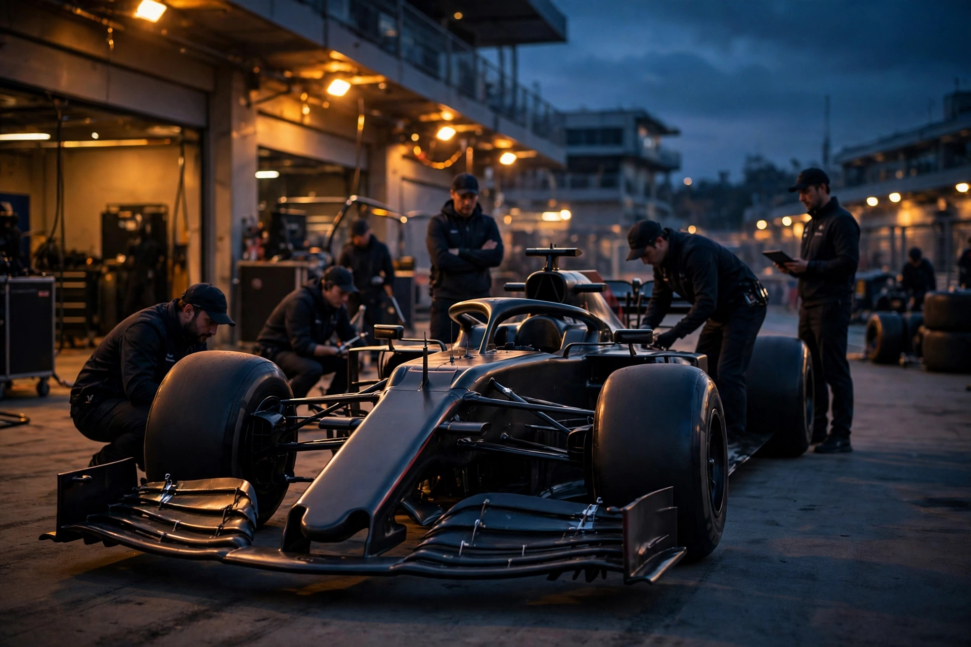A Grand Prix paddock at dusk