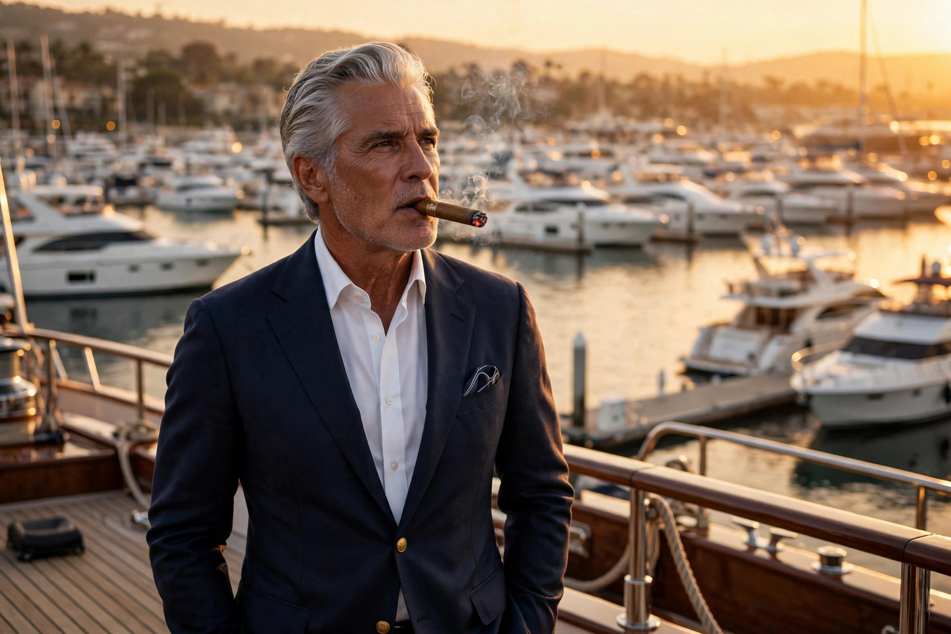 A distinguished gentleman with a cigar aboard his yacht at golden hour