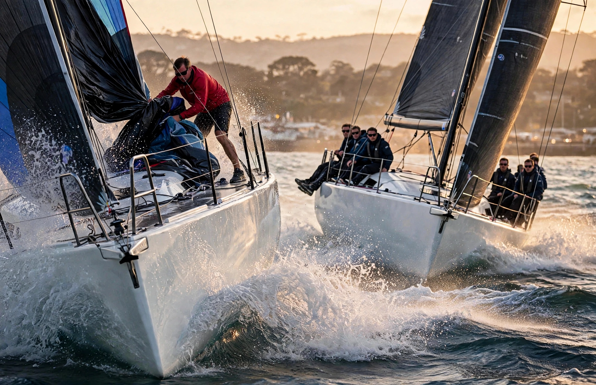 Yachts racing at close quarters on the harbor